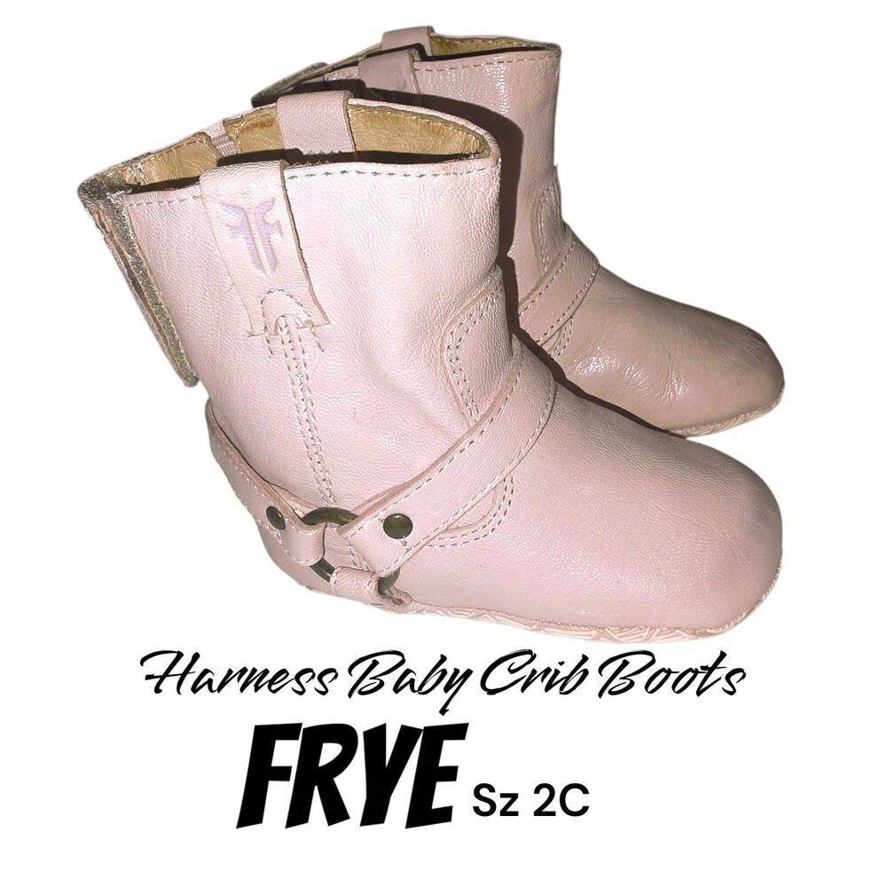 Frye 2C Pale Pink Leather Harness Logo Infant Western Distressed Baby Crib Boots